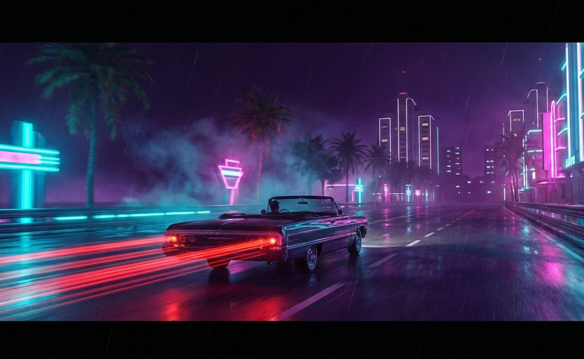 Неоновая ночная набережная Вайс-Сити с кабриолетом, атмосфера героев GTA 6 в бегах