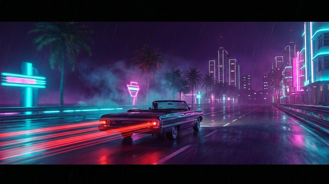 Неоновая ночная набережная Вайс-Сити с кабриолетом, атмосфера героев GTA 6 в бегах