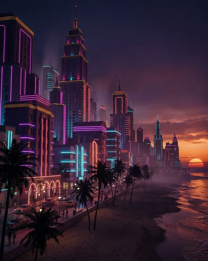 Вайс-Сити в GTA 6, неоновый закат, арт Vicemania
