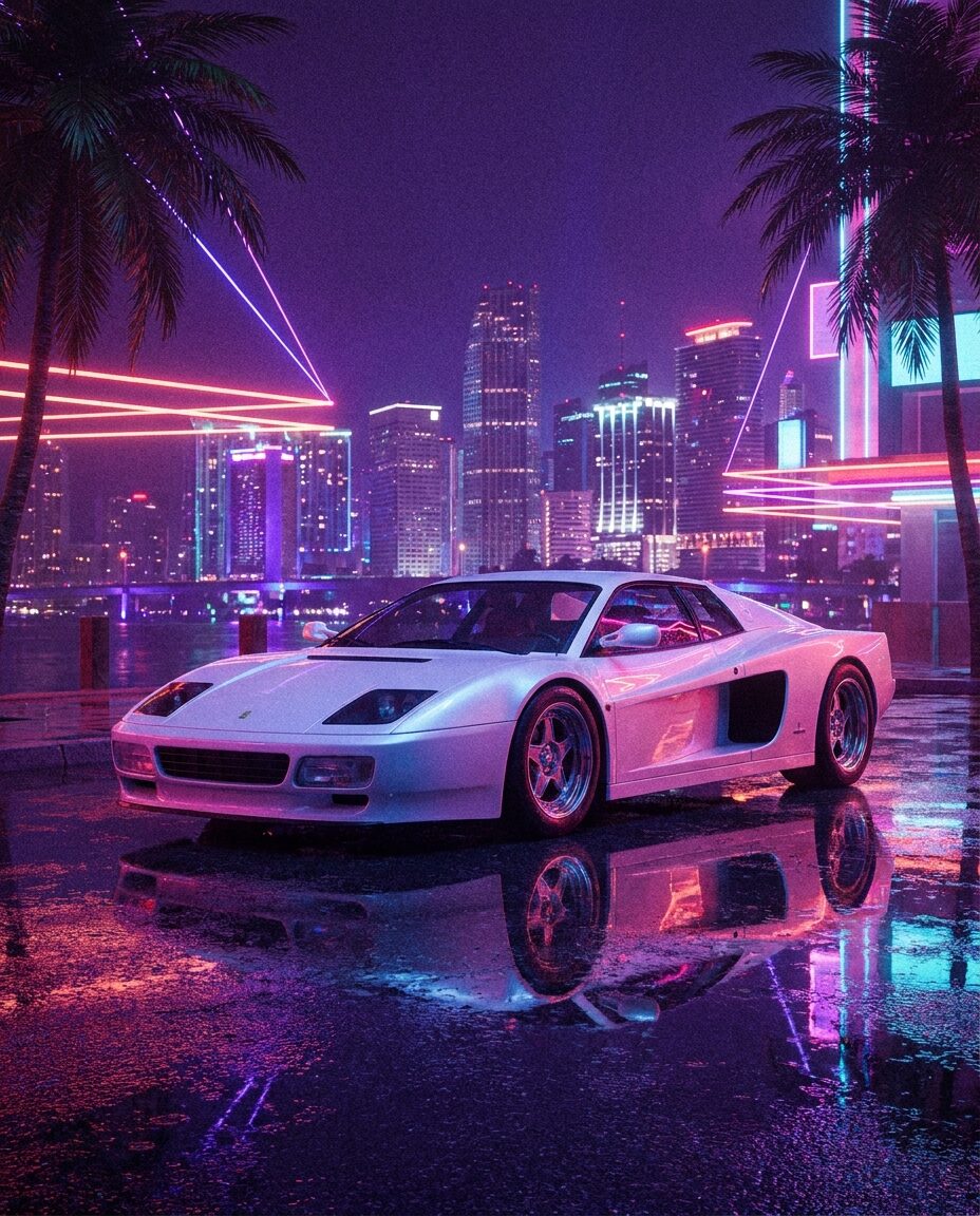 Белый гиперкар в стиле Bugatti у неонового причала ночного города
