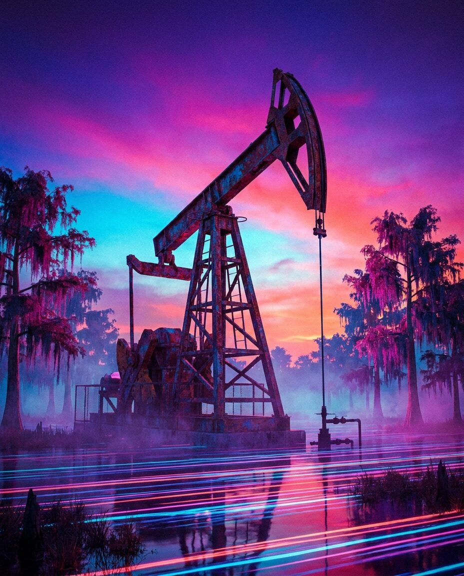 Нефтяная вышка на болоте на закате в стиле неон-арт, штат Леонида ГТА 6
