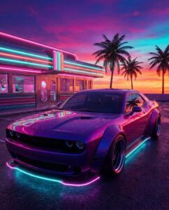 Неоновый арт маслкара в стиле Stallion в ГТА 6 на фоне закусочной Майами