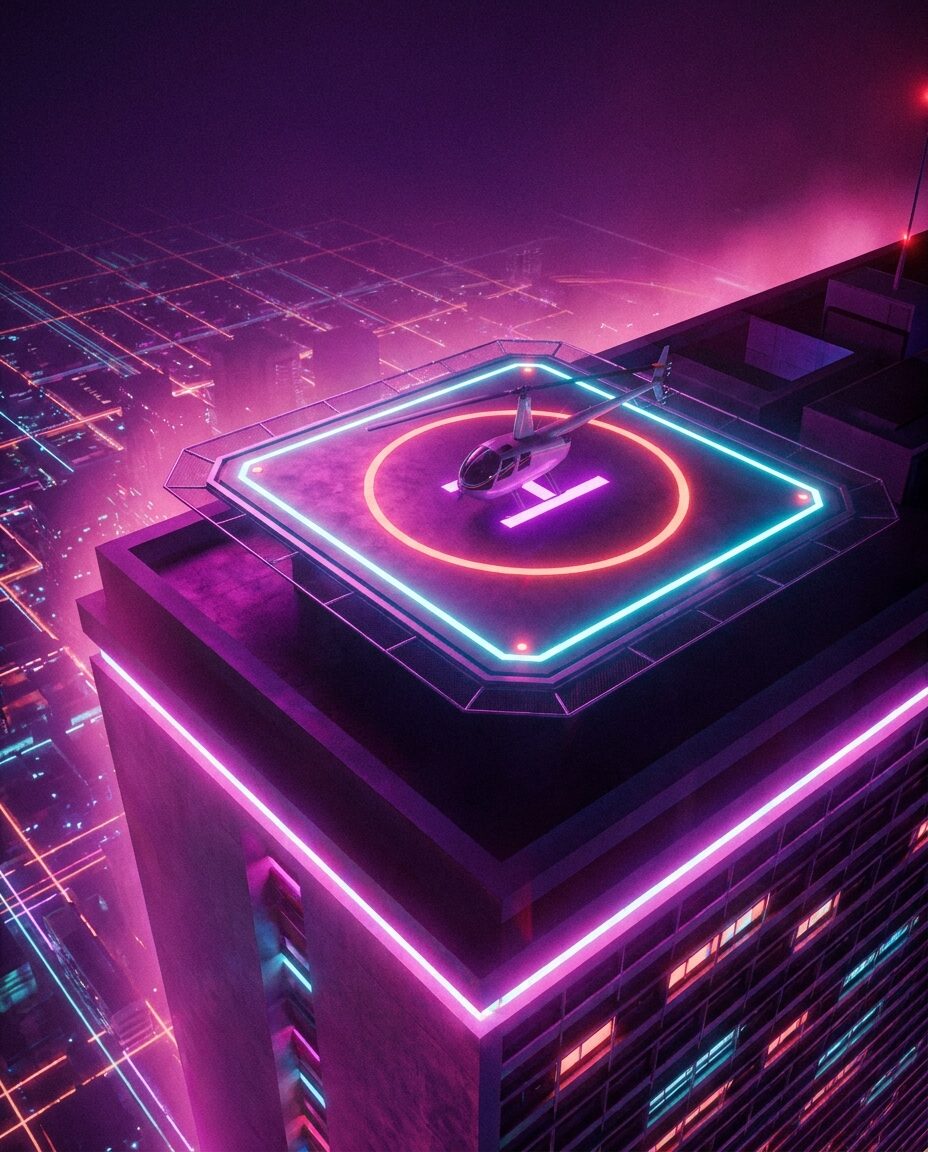 лёгкий вертолёт на неоновой вертолётной площадке в стиле Sparrow в ГТА 6