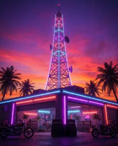 Неоновая радиовышка на крыше клуба в стиле Vinewood Boulevard Radio для ГТА 6