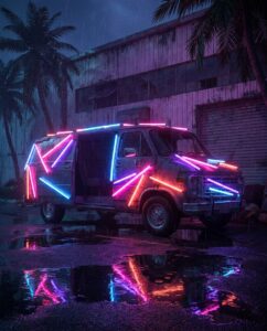 Неоновый фургон у склада ночью в стиле Rumpo из ГТА 6