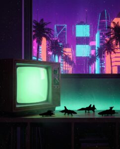 Неоновая сцена с телевизором и игрушечными космическими кораблями в стиле пародии на Republican Space Rangers для ГТА 6