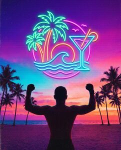Боец с кулаками на фоне неонового бара, иллюстрация к теме кулаки в ГТА 6