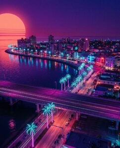 неоновый вечерний город на побережье как символ географии игр Grand Theft Auto