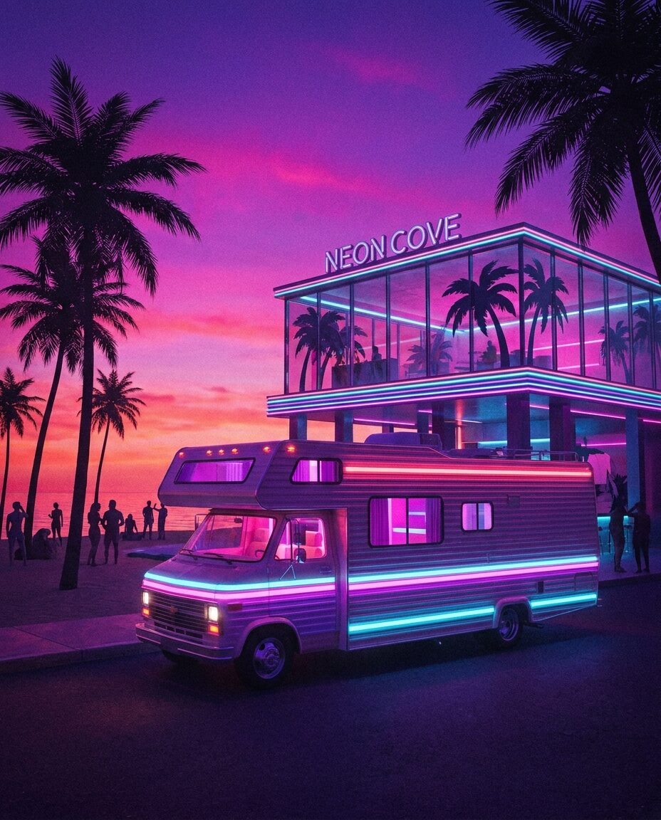 Неоновый дом на колёсах на фоне пляжного заката в стиле Paradise ГТА 6