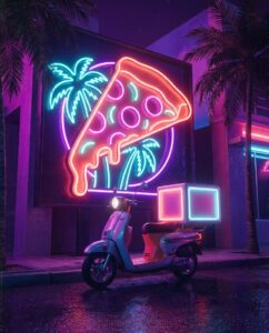 неоновая сцена с доставочным скутером Pizza Boy в стиле ГТА 6