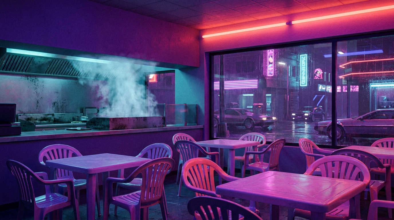 Интерьер закусочной фастфуда с неоновым освещением, отсылка к Burger Shot в ГТА 6