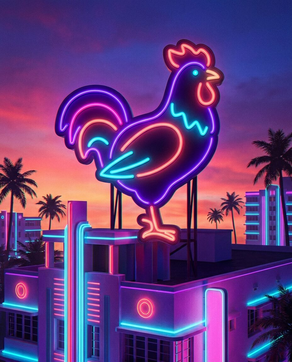 Неоновая вывеска закусочной с курицей, отсылающая к Cluckin Bell в ГТА 6