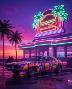маслкар с ливреей фастфуда на фоне неоновой вывески закусочной в стиле Burger Shot Stallion гта 6