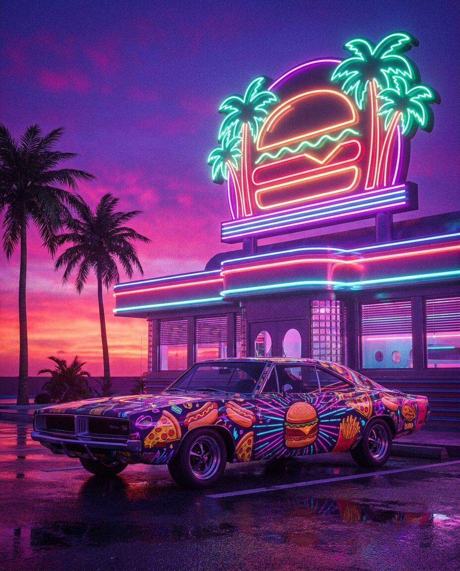 маслкар с ливреей фастфуда на фоне неоновой вывески закусочной в стиле Burger Shot Stallion гта 6