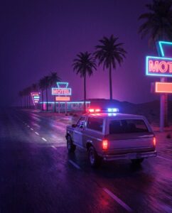 Полицейский внедорожник шерифа на фоне неоновых огней, похожий на Sheriff SUV из ГТА 6