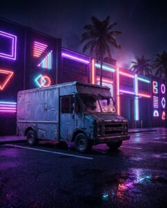 грузовой фургон Boxville в ГТА 6 на фоне неоновой стоянки склада