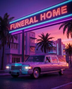 Катафалк на фоне неоновых огней ночного города, ассоциация с Romero Hearse в ГТА 6