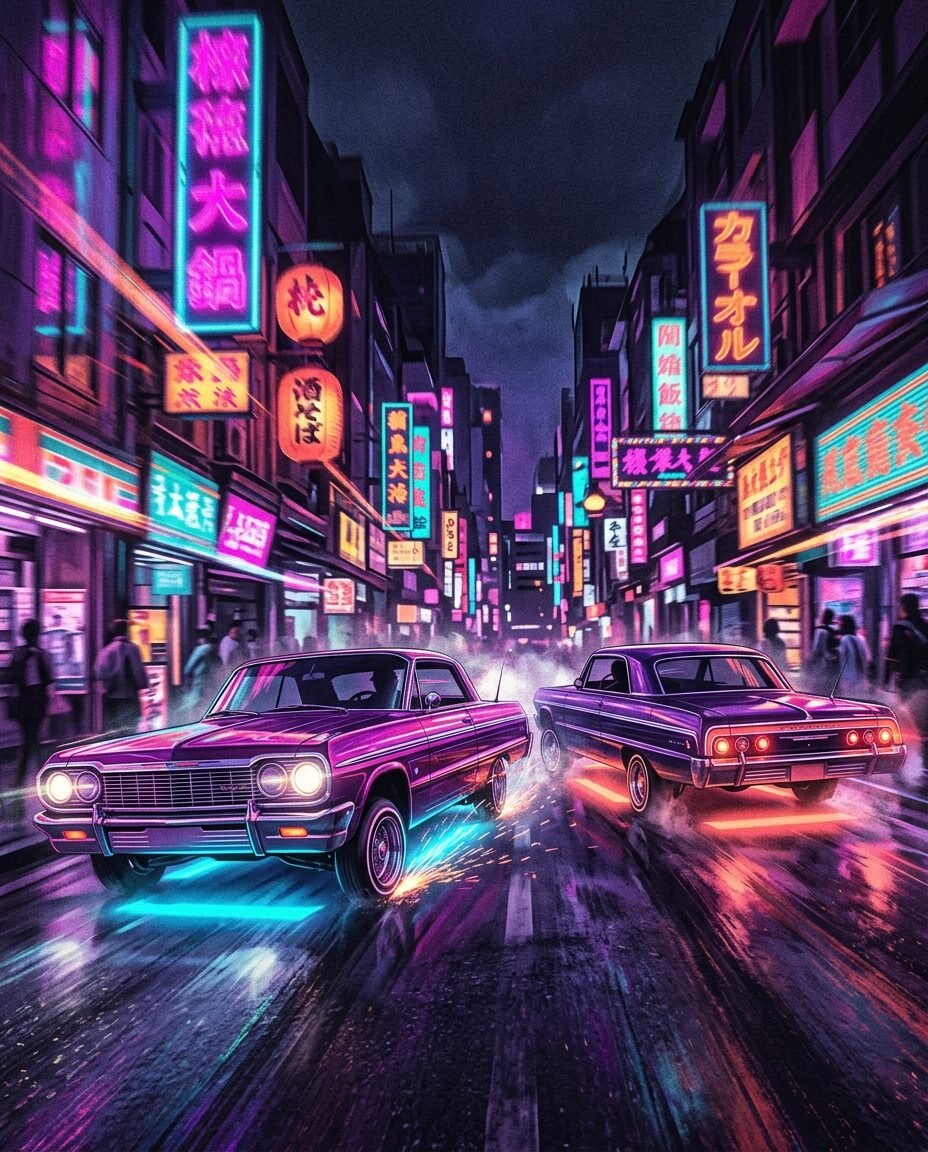 неоновые лоурайдеры на ночной гонке в стиле Hao Street Races гта 6