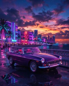 Ретро родстер у неоновой набережной как образ Coquette Classic в ГТА 6