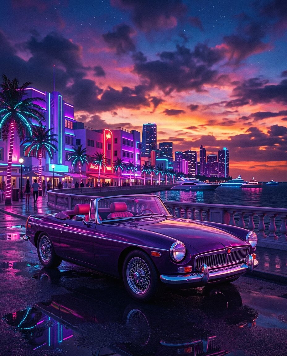 Ретро родстер у неоновой набережной как образ Coquette Classic в ГТА 6