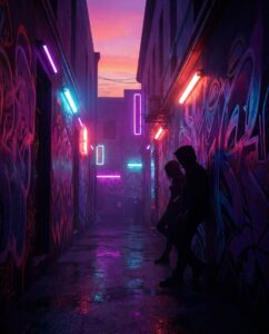 Неоновый переулок с граффити как символ уличных банд в ГТА 6