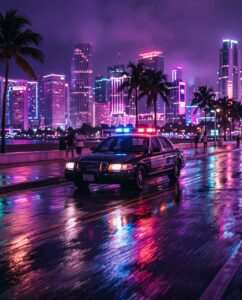 Патрульный седан на неоновой набережной, иллюстрация к теме Interceptor в ГТА 6