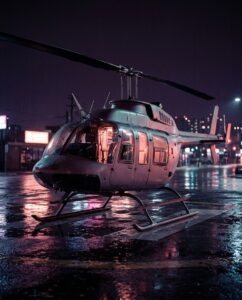 Гражданский вертолёт класса Maverick в ГТА 6 на мокрой вертолётной площадке ночью