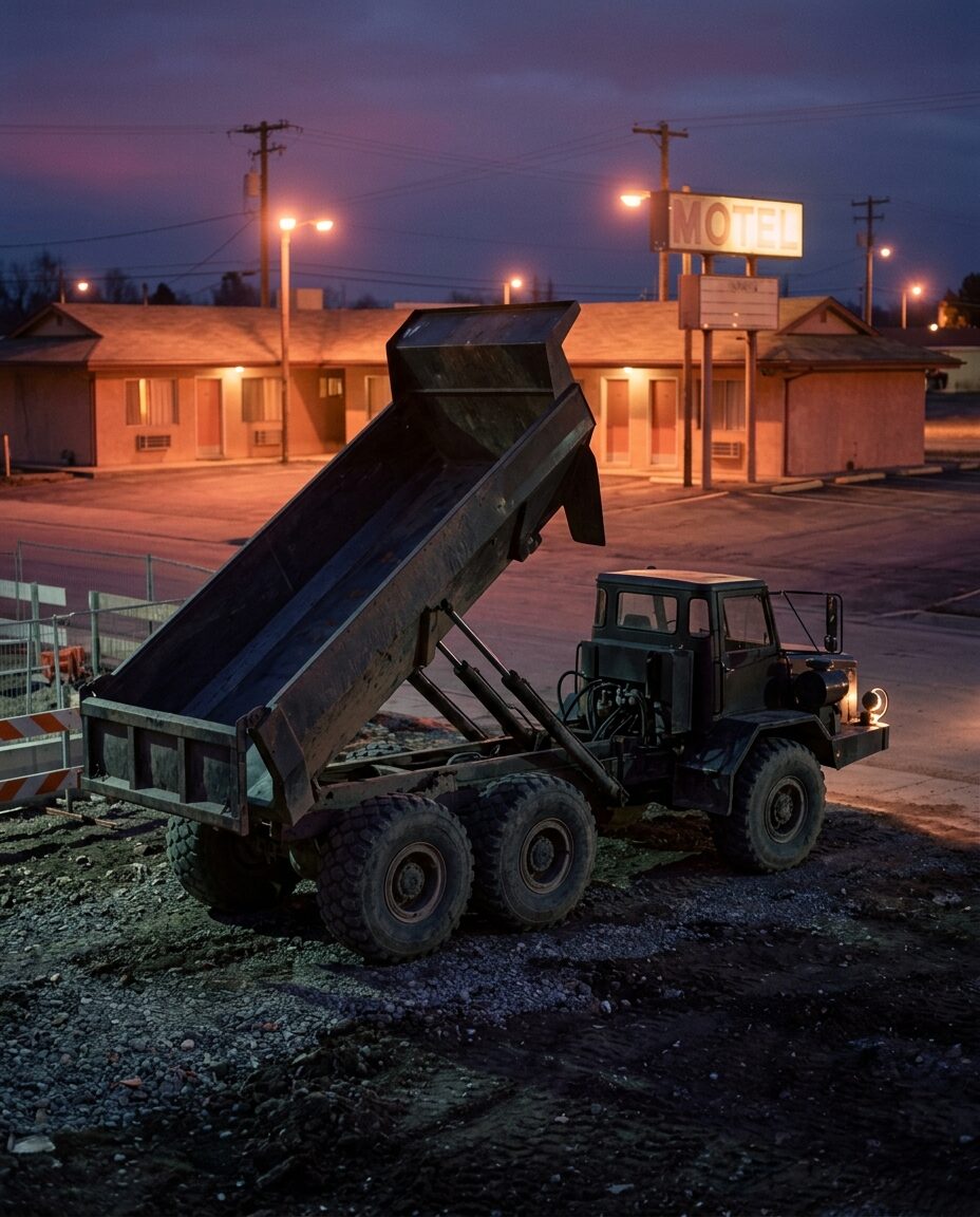 Самосвал Dump в ГТА 6 на фоне стройки в сумерках