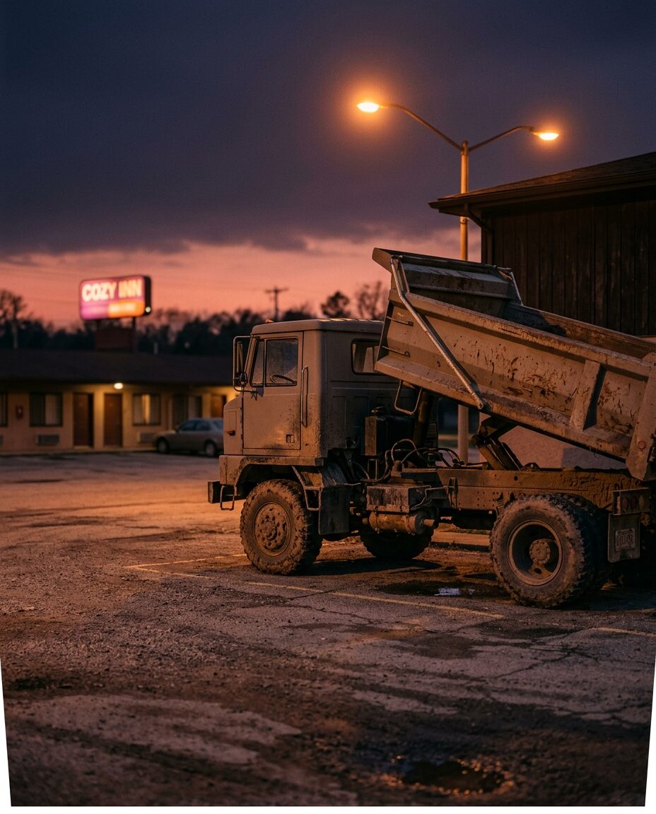 Самосвал класса Tipper на фоне придорожного мотеля в сумерках, ожидается в ГТА 6