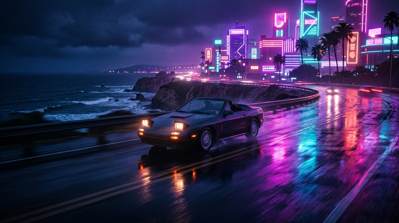 спорткар класса Coquette в ГТА 6 на ночной трассе Вайс-Сити