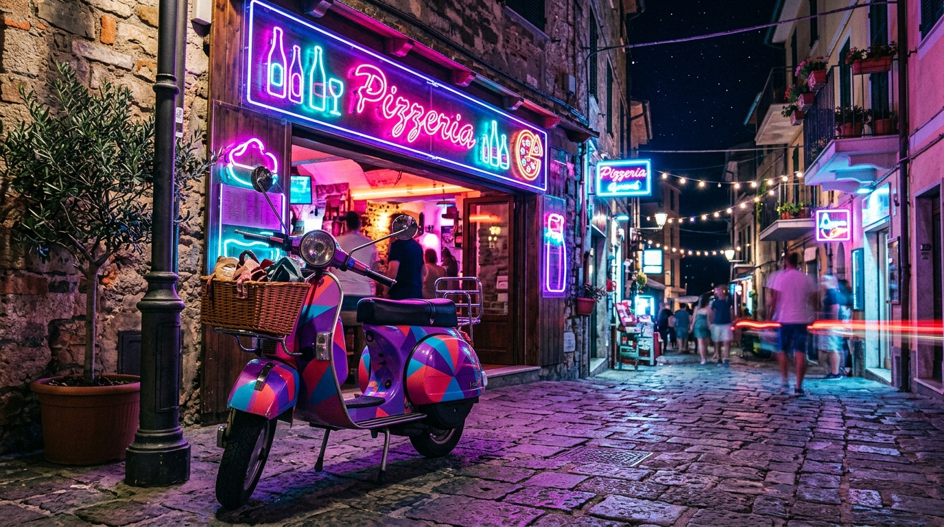 Скутер типа Faggio у неоновой вывески пиццерии в Вайс-Сити ГТА 6