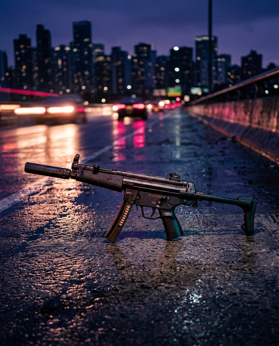 Боевой дробовик на фоне неонового ночного города в стиле Майами