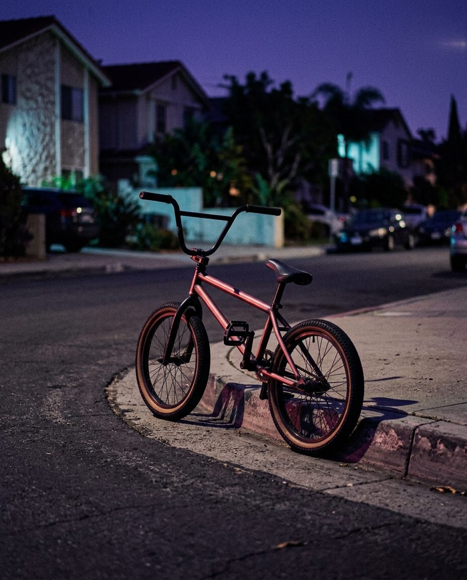 BMX велосипед в три четверти на фоне вечерней улицы, ожидаемый транспорт ГТА 6