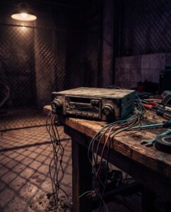 Старая автомагнитола на верстаке в гараже, отсылка к радиостанции East Los FM