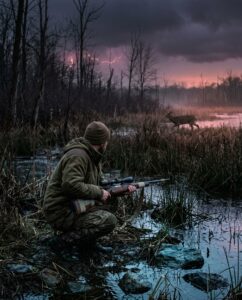 охотник с винтовкой следит за оленем на краю болота в сумерках