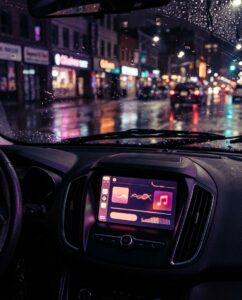 Автомагнитола радиостанции в стиле Blonded Los Santos 97.8 FM из ГТА 6 на фоне ночной улицы
