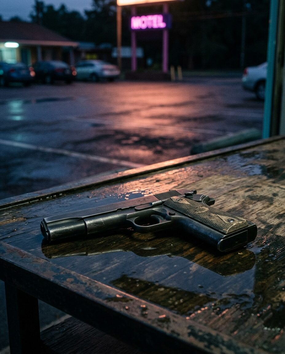 АП-пистолет на фоне неоновых огней ночного города в стиле ГТА 6