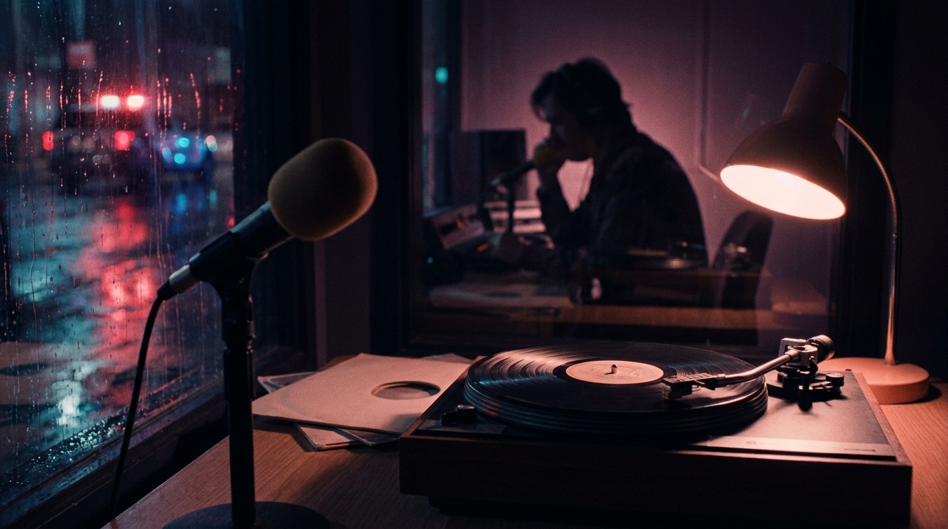 Виниловая пластинка крутится в студии радиостанции, атмосфера The Lowdown 91.1 из вселенной ГТА 6