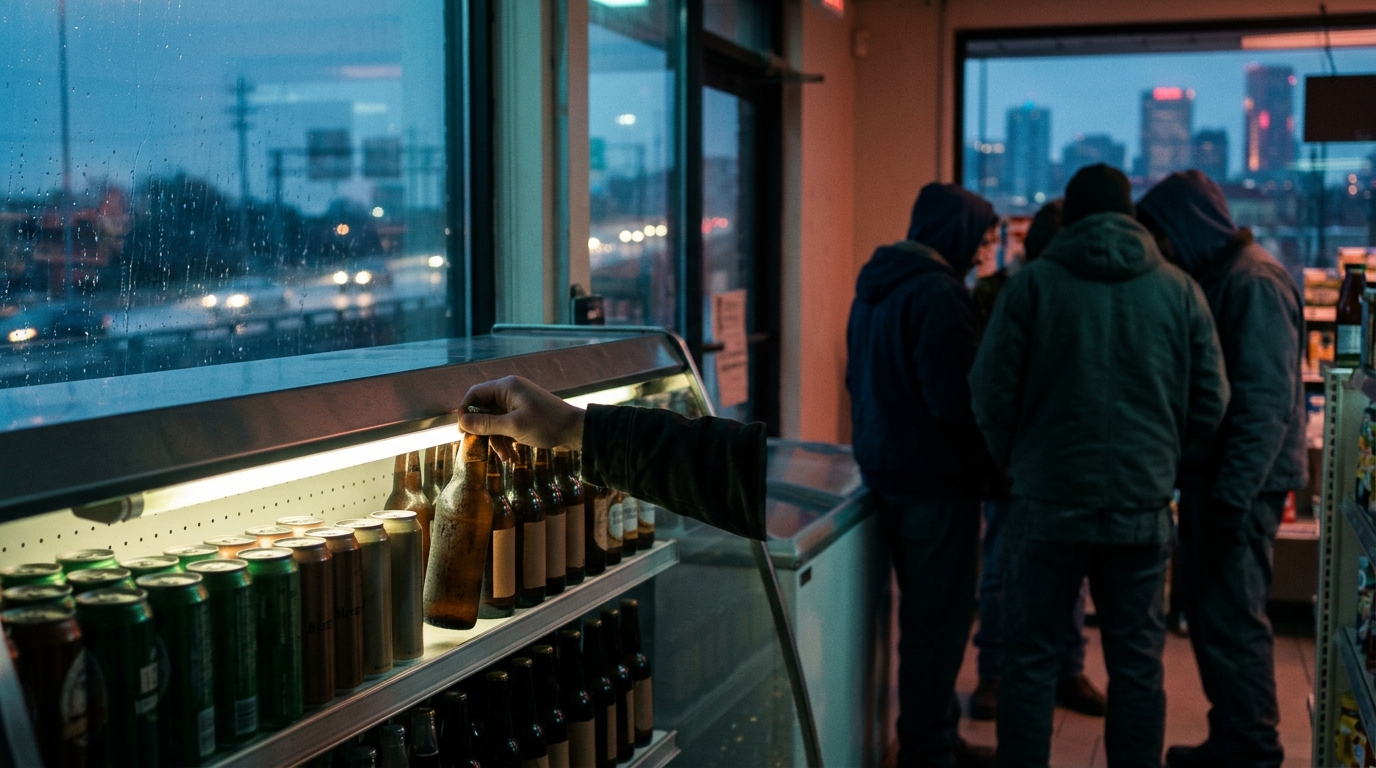 Полка с банками пива в магазине, похожем на локации с Logger Beer в играх ГТА
