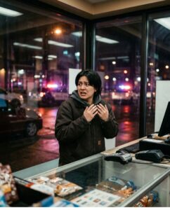Ночной мини-маркет в неоновом освещении, кассир с поднятыми руками за прилавком