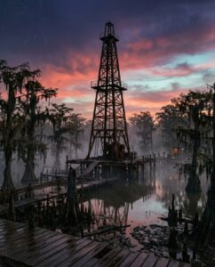 Нефтяная вышка на болоте на закате в стиле неон-арт, штат Леонида ГТА 6