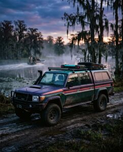 Внедорожник лесной службы в неоновом стиле на фоне болот, ассоциация с park ranger гта 6