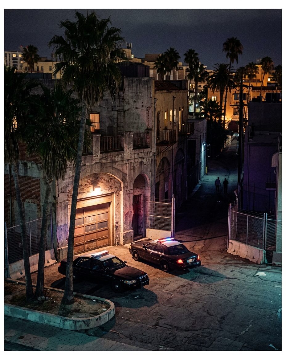 Полицейский участок Вайс-Сити ночью в неоновом свете, арт в стиле ГТА 6