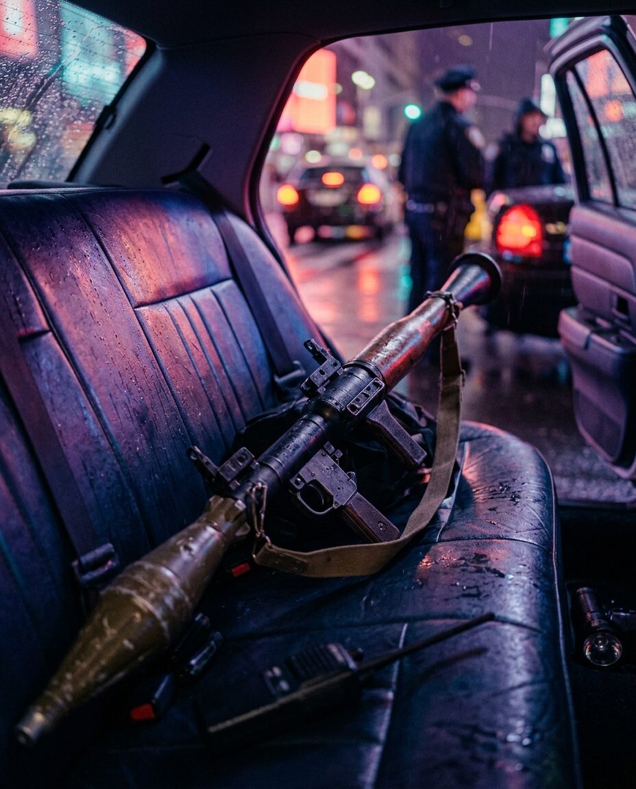 Боец с гранатомётом на фоне неонового ночного города в стиле РПГ в ГТА 6