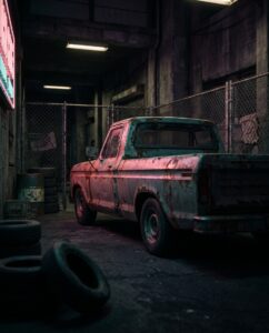 Ржавый пикап у неоновой заправки в стиле Rusty Rebel из ГТА 6