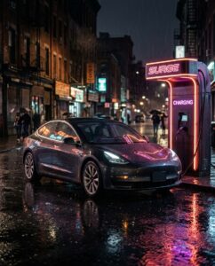 Компактный электрический седан на фоне неоновой зарядной станции, стиль Surge в ГТА 6