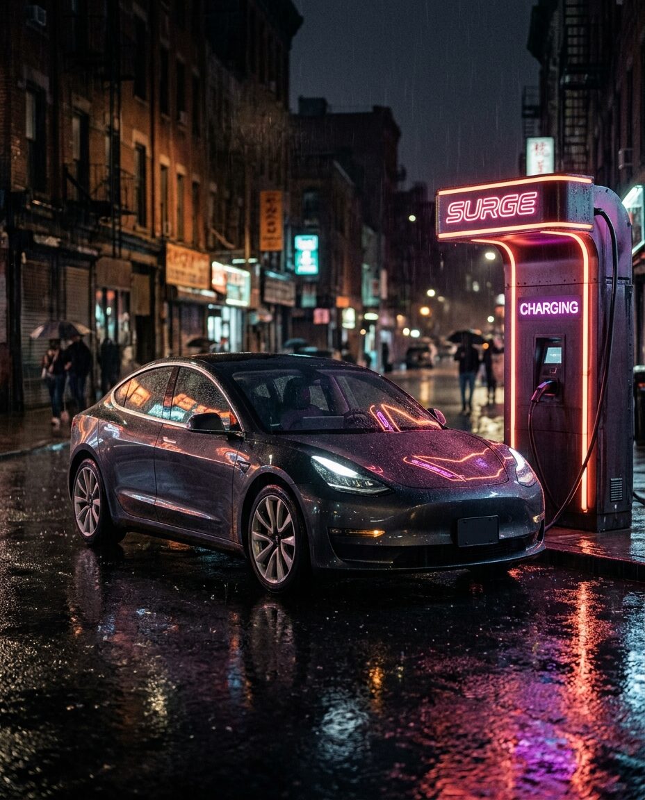 Компактный электрический седан на фоне неоновой зарядной станции, стиль Surge в ГТА 6