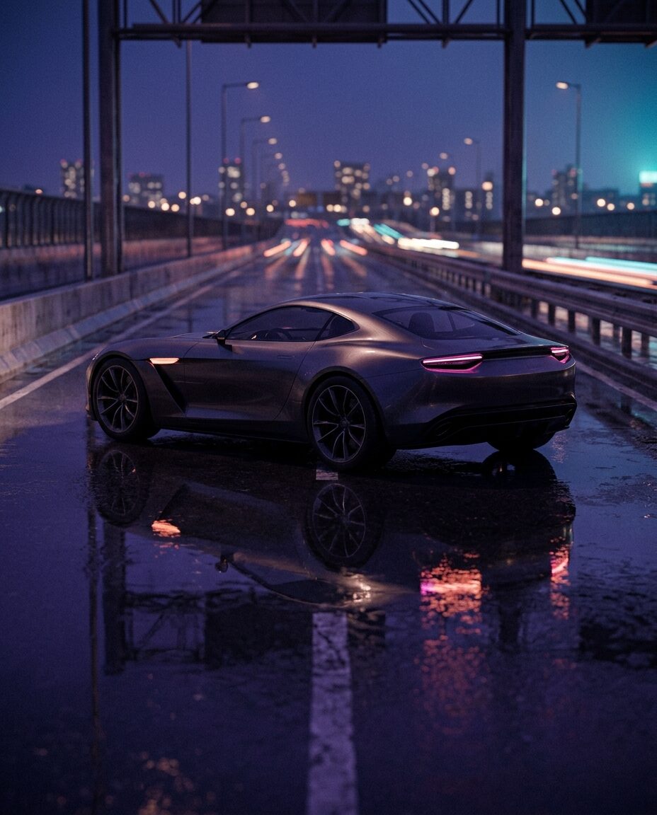Белый гиперкар в стиле Bugatti у неонового причала ночного города