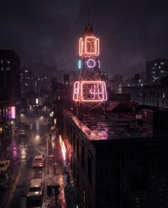 Неоновая радиовышка на крыше клуба в стиле Vinewood Boulevard Radio для ГТА 6
